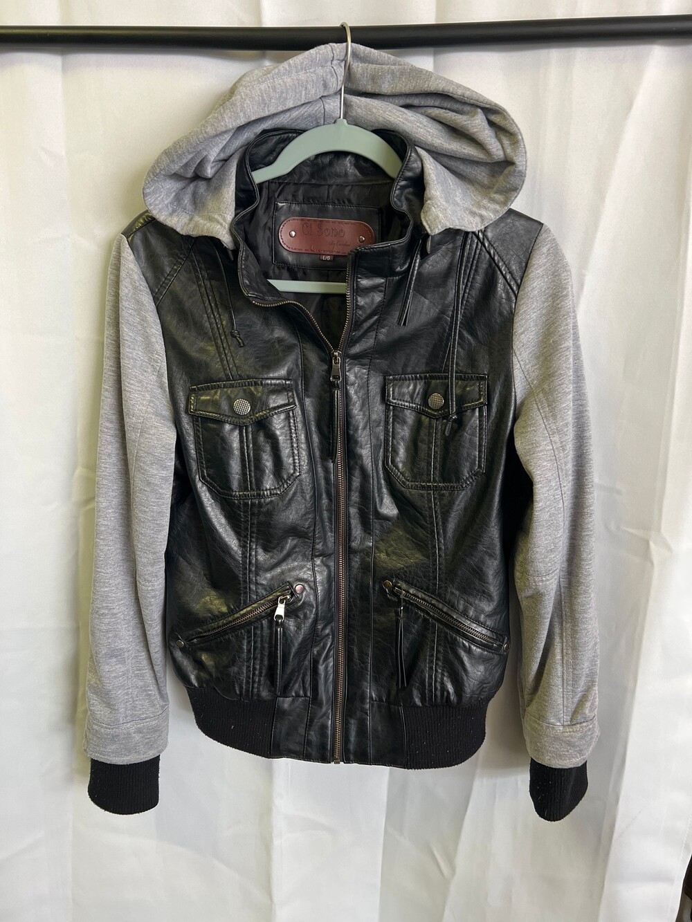 Ci Sono Large Black and Grey Faux Leather Sleeve Jacket